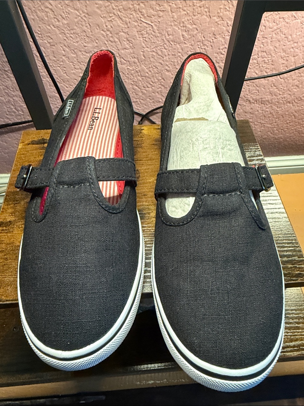 NWOT L.L. Bean Black Canvas Mary Jane-Style Kids Sneakers with Red Lining